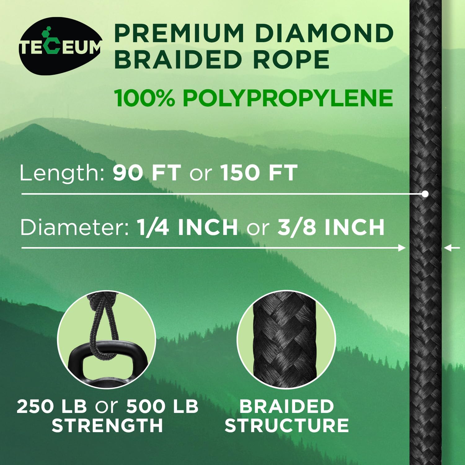 TECEUM Rope – 90 Feet x 3/8 Inch (10mm) – Black – Strong All-Purpose Utility Rope – Camping, Crafting, Flag Pole, Indoor & Outdoor – Polypropylene Nylon Poly Lightweight Diamond Braided Cord