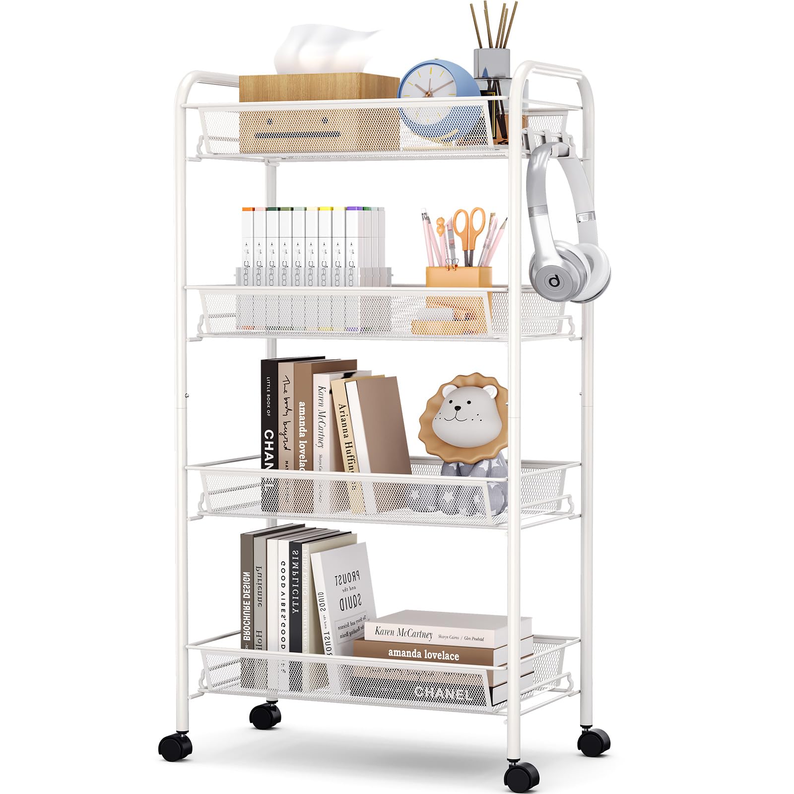 TOOLF 4-Tier Rolling Cart, Metal Utility Cart with 3 Hooks, Easy Assemble Mobile Storage Trolley On Wheels, Slide Out Shelving Units Kitchen Bathroom Laundry Room