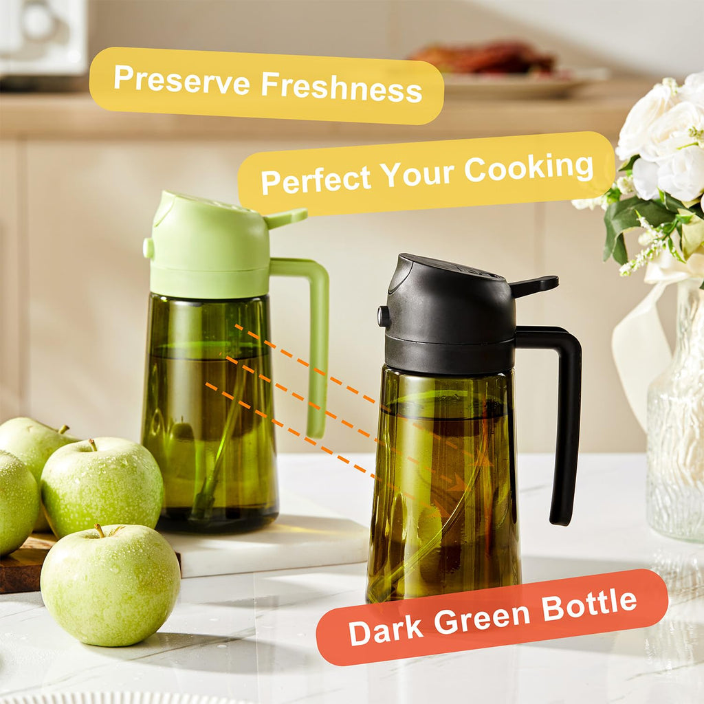 CXINYI 16oz/470ml Olive Oil Dispenser Bottle – 2 in 1 Olive Oil Spray Bottle, Air Fryer & Salad, Light-Proof Glass Kitchen Gadgets, Black&Green