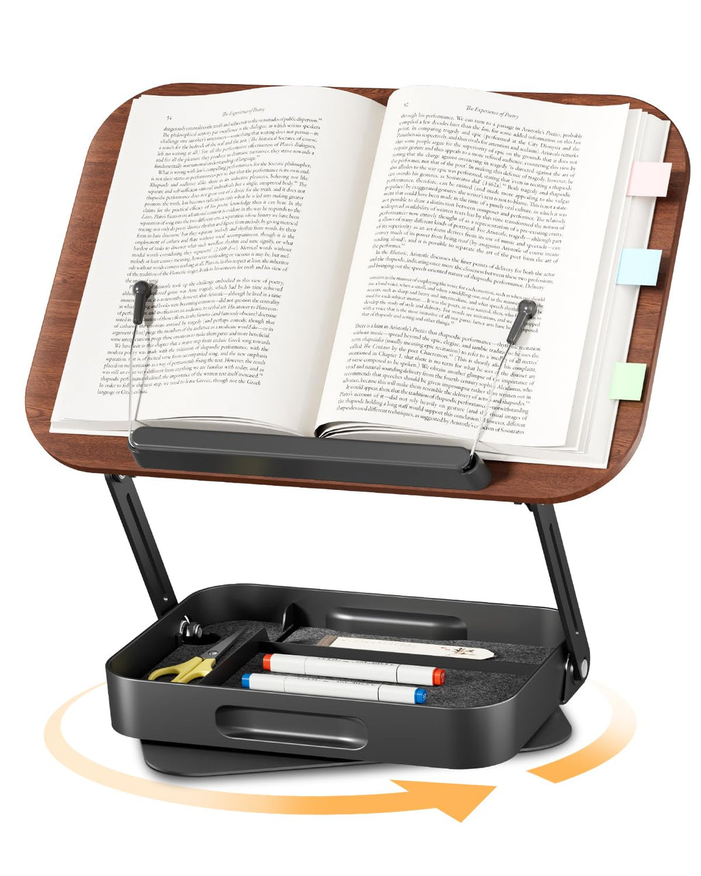 Adjustable Book Stand with Storage Drawer, 360° Rotating Book Holder, Height & Angle Adjustable, Extra-Wide Page Clips for Thick Books, Wood & Aluminum Book Stand for Desk, Study, Kitchen