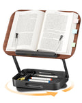 Adjustable Book Stand with Storage Drawer, 360° Rotating Book Holder, Height & Angle Adjustable, Extra-Wide Page Clips for Thick Books, Wood & Aluminum Book Stand for Desk, Study, Kitchen