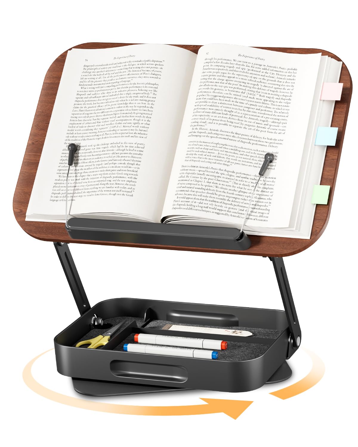Adjustable Book Stand with Storage Drawer, 360° Rotating Book Holder, Height & Angle Adjustable, Extra-Wide Page Clips for Thick Books, Wood & Aluminum Book Stand for Desk, Study, Kitchen
