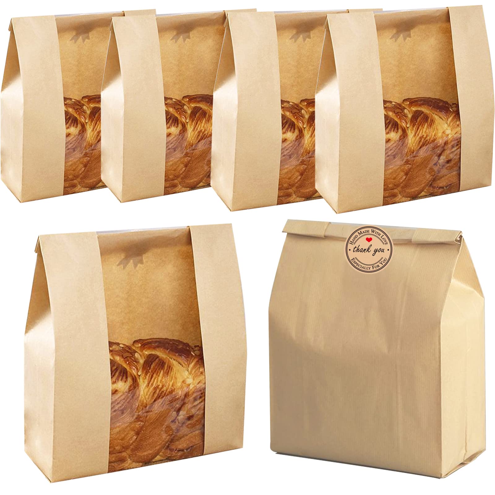 50 Pack Paper Bread Bags with Window Kraft Paper Bakery Bags Loaf Bread Bags for Homemade Bread Paper Bread Bags for Sourdough with Label Seal Stickers (11.8x8.2x3.5 inch)