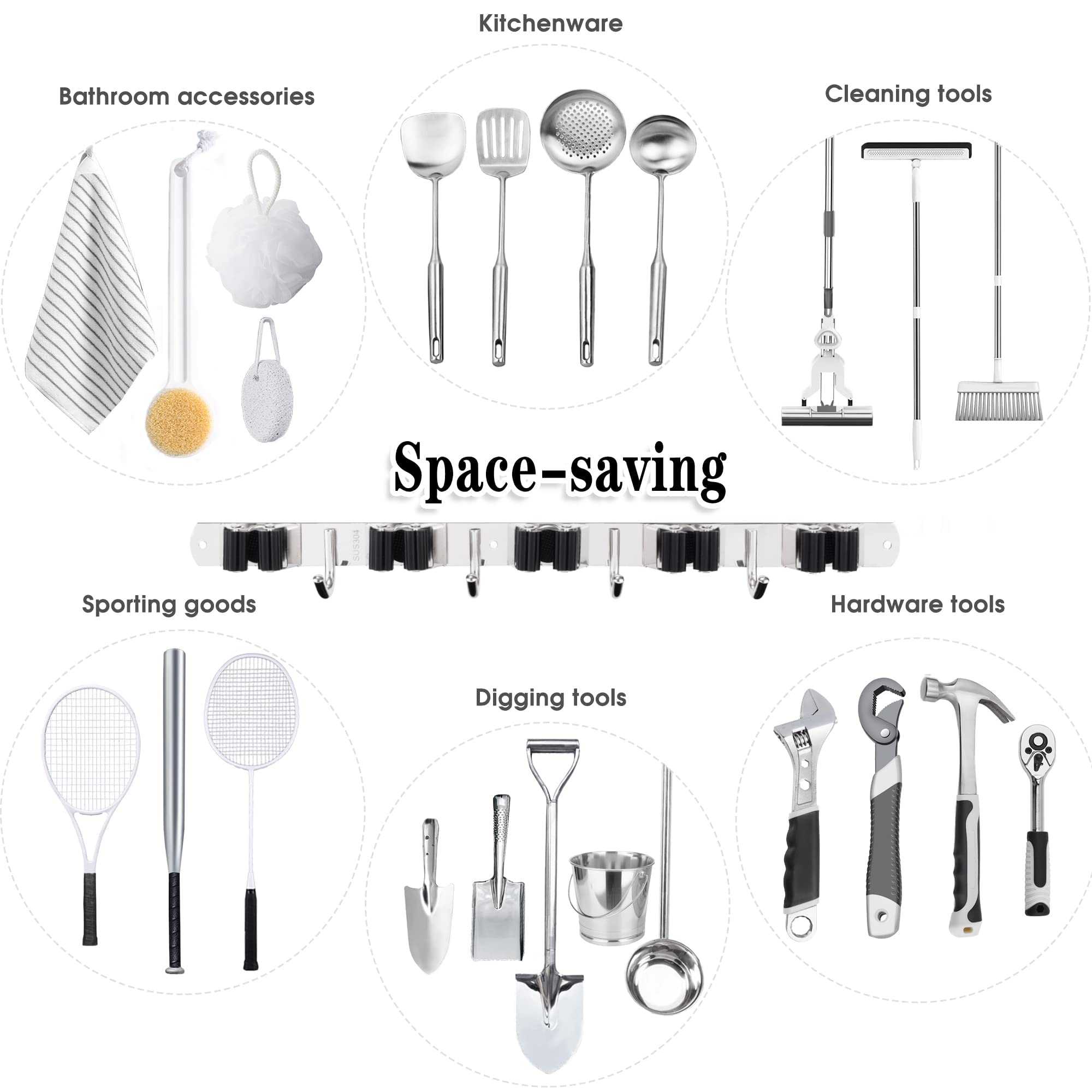 2 Pack Mop and Broom Holder Wall Mount, 5 Racks and 4 Hooks Broom Organizer Storage Tool Racks Stainless Steel Heavy Duty Hooks Self Adhesive Solid Non-slip for Home Kitchen Garden Laundry Garage