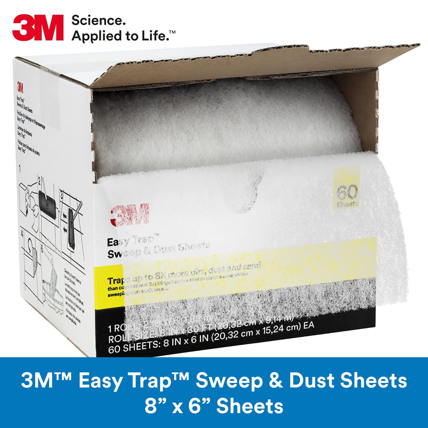 3M Easy Trap Sweep and Dust Sheets, 1 Roll of 60 8" x 6" Sheets, Disposable Easy Sweep Floor Duster, Picks Up 8X More Dirt, Dust, Sand, Hair, Works on Dry or Wet Surfaces, Hardwood Floors, 59152W