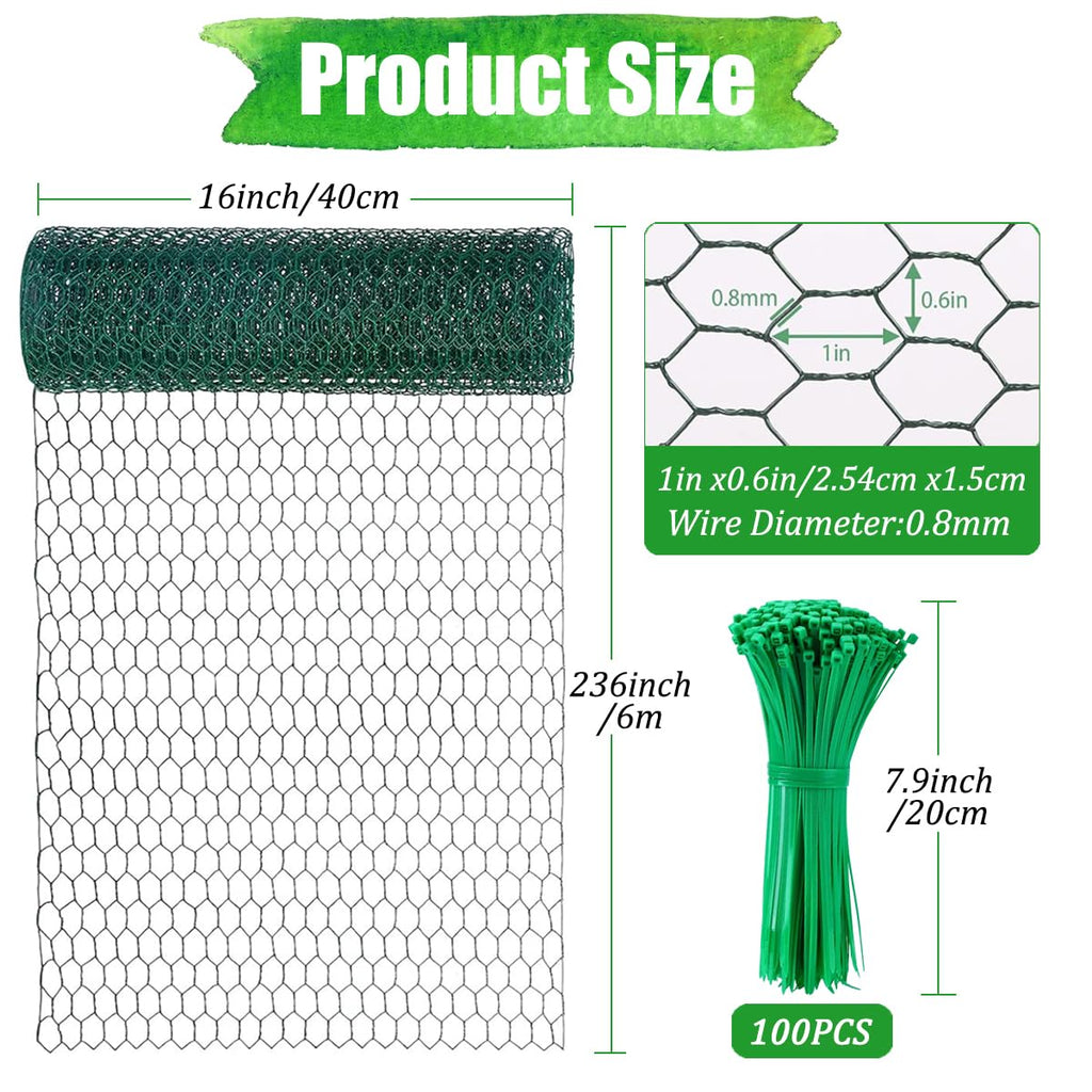Wonninek Chicken Wire for Floral Arrangements, 16 x 236 Inches Gauge Galvanized Steel Wire Fence Ideal with Zip Ties for Crafting, Garden Protection, Bird Enclosures, Chicken Coops, Poultry Netting