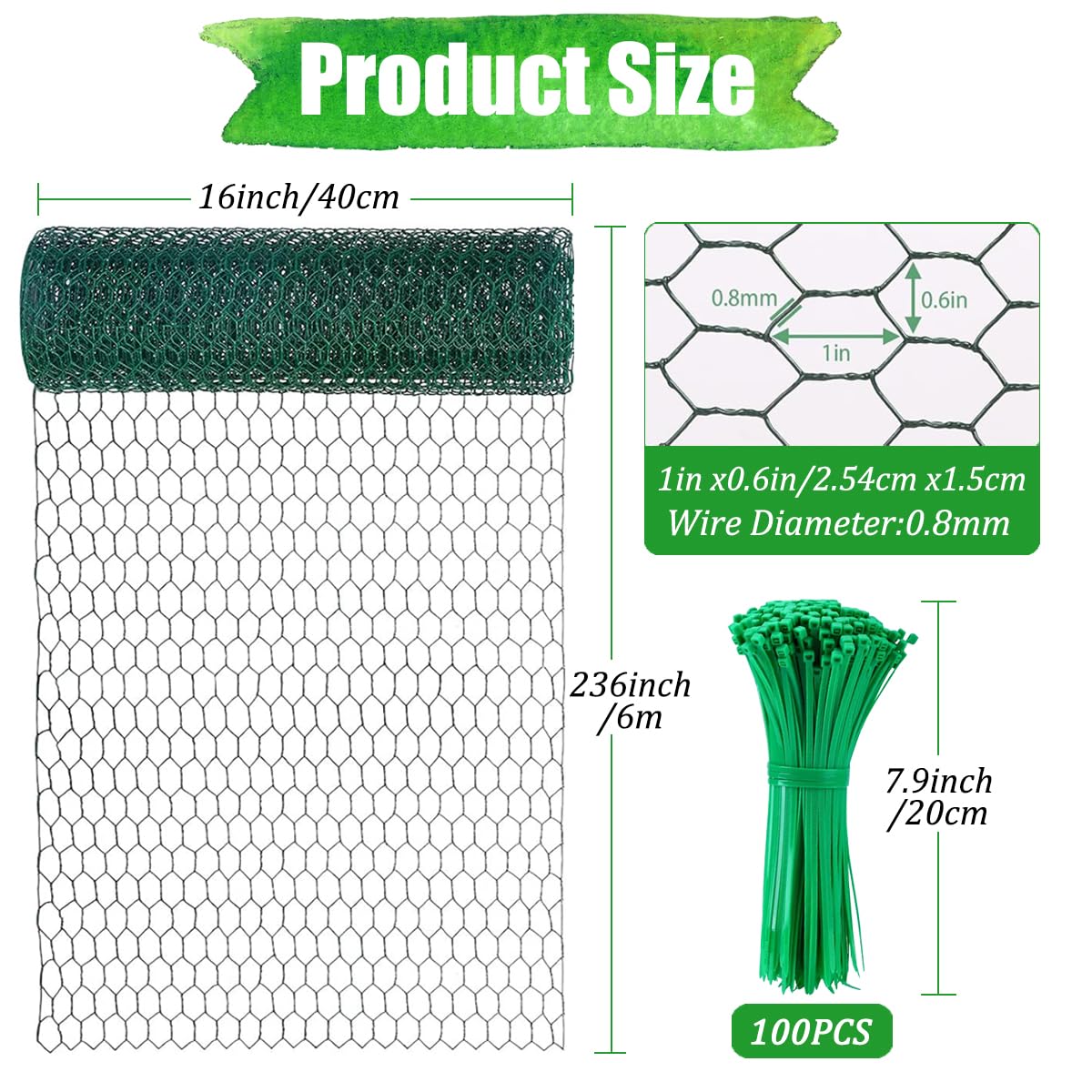 Wonninek Chicken Wire for Floral Arrangements, 16 x 236 Inches Gauge Galvanized Steel Wire Fence Ideal with Zip Ties for Crafting, Garden Protection, Bird Enclosures, Chicken Coops, Poultry Netting