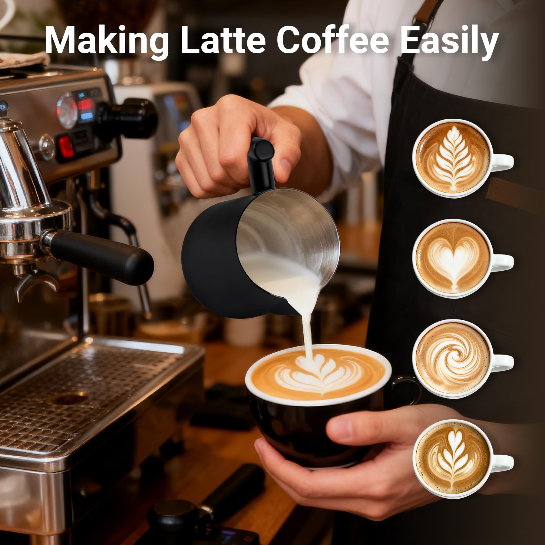 Guowall Milk Frothing Pitcher Stainless Steel Espresso Steaming Pitcher for Cappuccino Latte Art 14 oz (420 ml) Milk Jug Coffee Frother Cup with Wooden Handle - Black