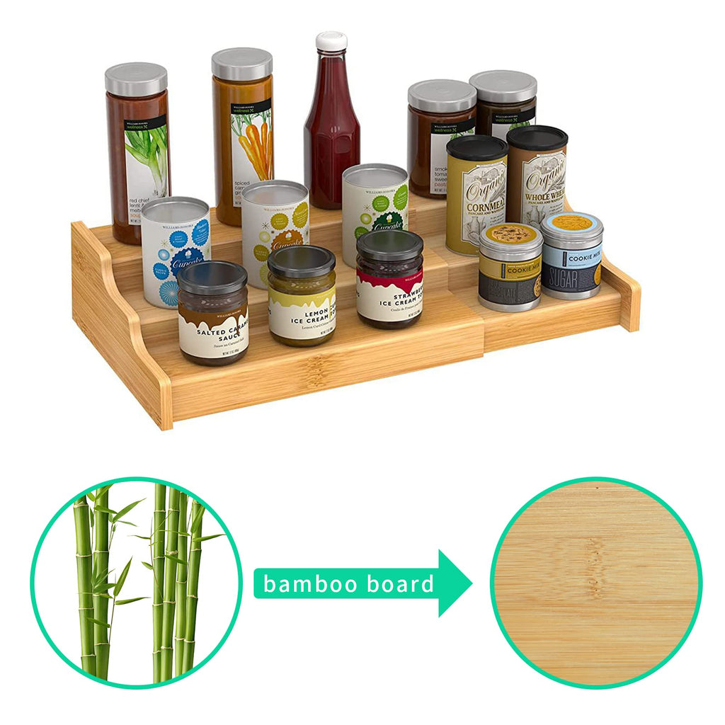 EATAKWARD Spice Rack Organizer, 3 Tier Expandable Spice Holder Kitchen Cabinet Spice Organizer Natural and Solid Bamboo Step Shelf Organizer SpiceTray Set for Cupboard, Countertop, Pantry