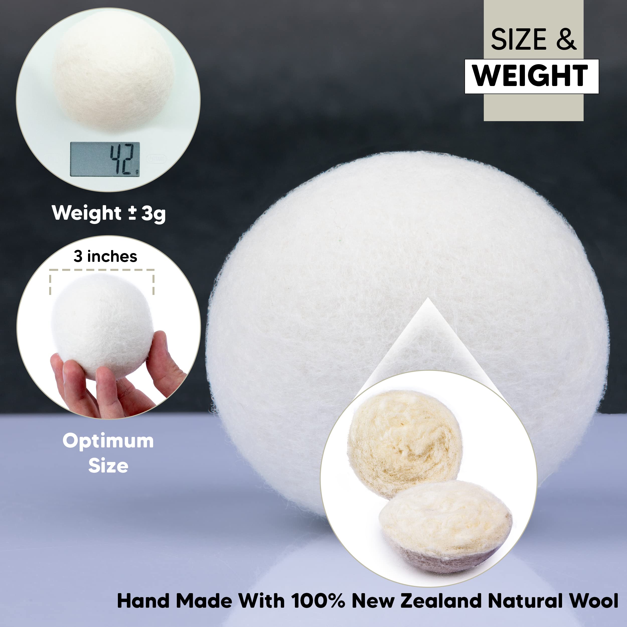 RAYTRADE XL Wool Dryer Balls 6-Pack 100% Made of Organic New Zealand Wool Reduces Clothing Wrinkles and Saves Drying Time Reusable Natural Fabric Softener Stocking Stuffer Gifts (White)