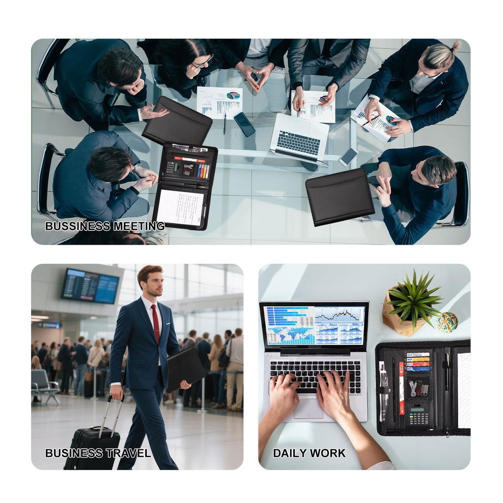 Eshow Padfolio with Zipper, Vegan Leather Portfolio for Business School, Portfolio Folder with 1 Notepad and 1 Pen for Men Women