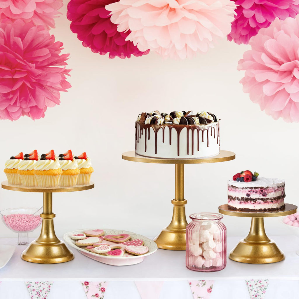 yarlung 3 Pack Gold Cake Stands, 8/10/12 Inch Metal Cupcake Display Stand Pillar Style Dessert Stand for Wedding, Party, Birthday, Celebration, 3 Sizes