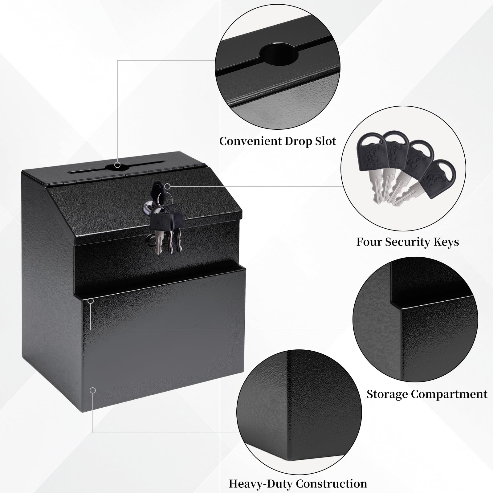 Suggestion Box with Slot and Lock Donation Box with 4 Keys Metal Ballot Box Wall Mount Black