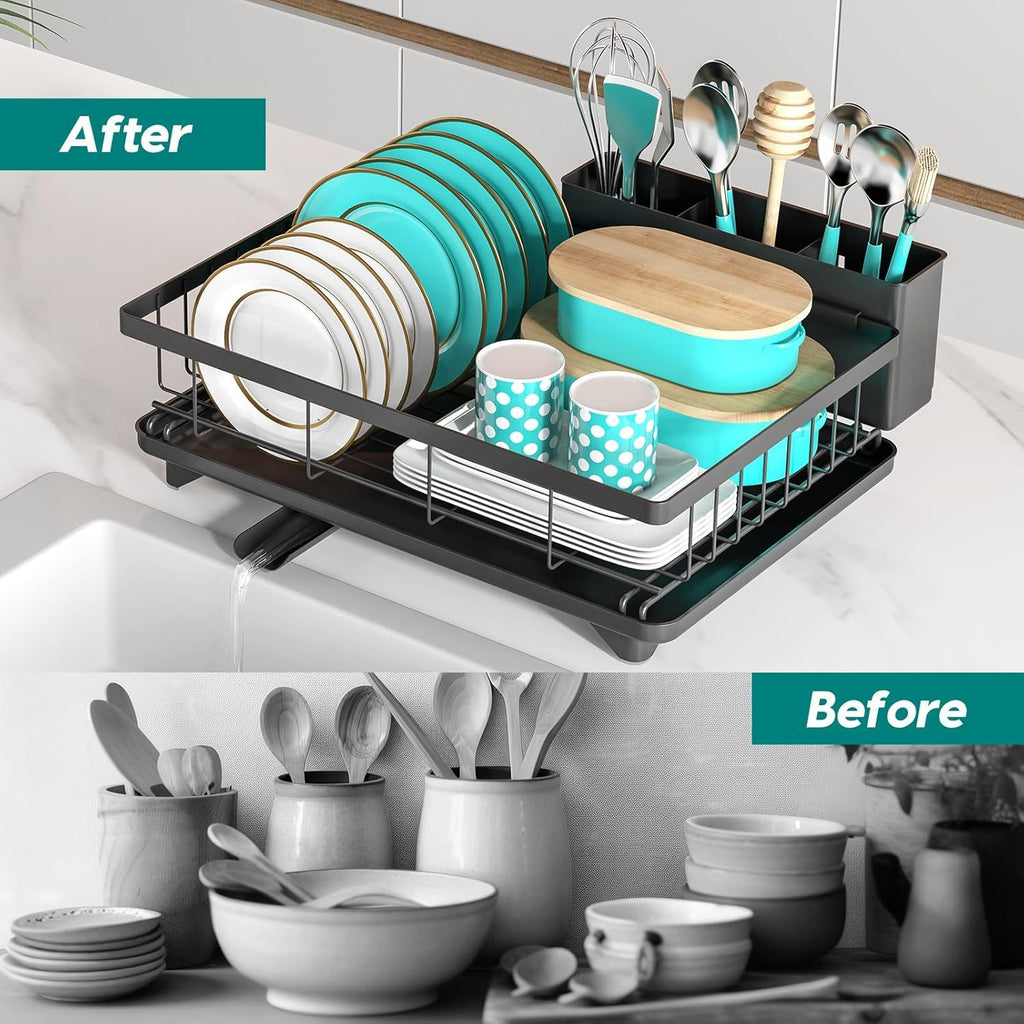 MERRYBOX Dish Drying Rack - Dish Racks with Drainboard for Kitchen Counter, Compact Stainless Steel Dish Drainer with Widened Leak-Proof Spout, Large 3-Compartment Utensil Holder, Easy Installation