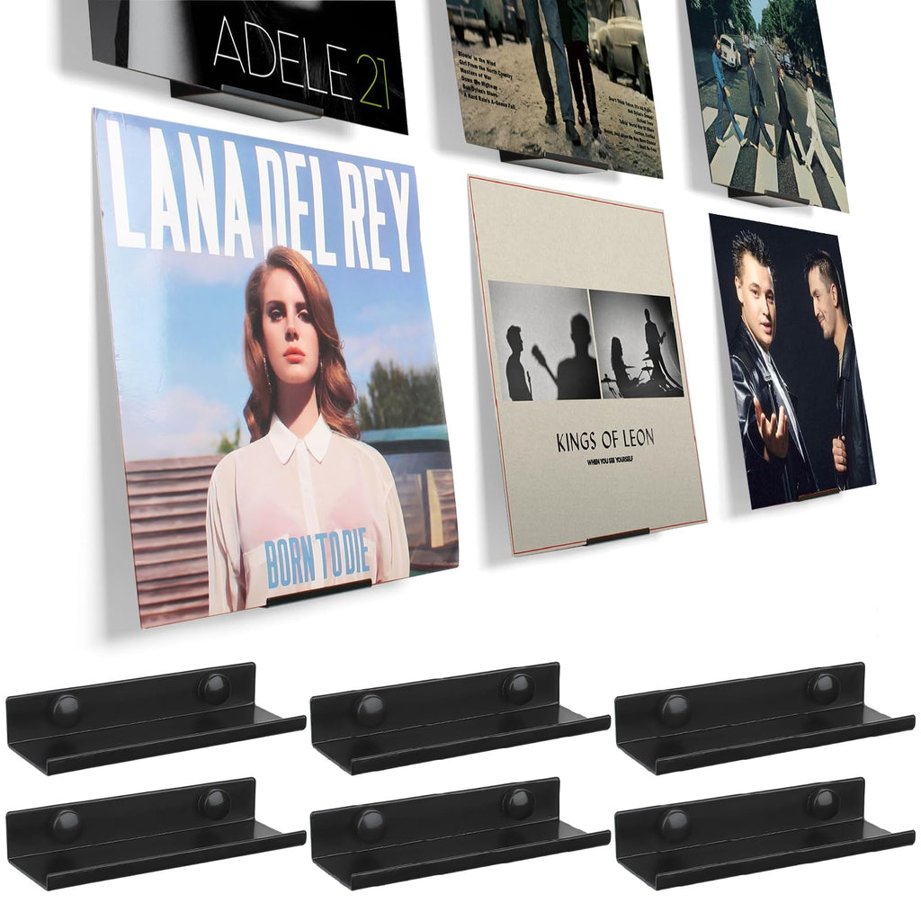 BiJun Vinyl Wall Mount 6 Pack, Black Metal Vinyl Holder Wall Display Shelf Record Stand for Albums LP Minimalist Storage Set CD Display in Office Home