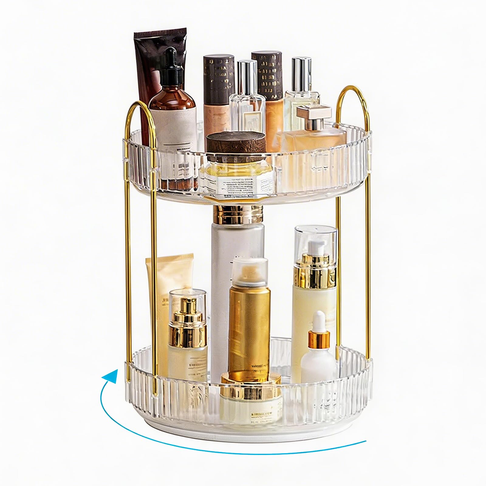 Rotating Makeup Organizer, 2 Tier Large Capacity Perfume Organizer, Cosmetic Organizer for Vanity Bathroom Bedroom, White