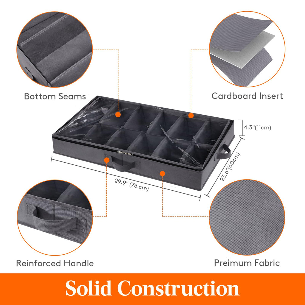Lifewit Under Bed Shoe Storage Organizer for Closet, Underbed Storage Container Box with Clear Cover See Through Window Fabric Storage Bins with 2 Handles Total Fits 24 Pairs of Shoes, 2 Pack, Grey