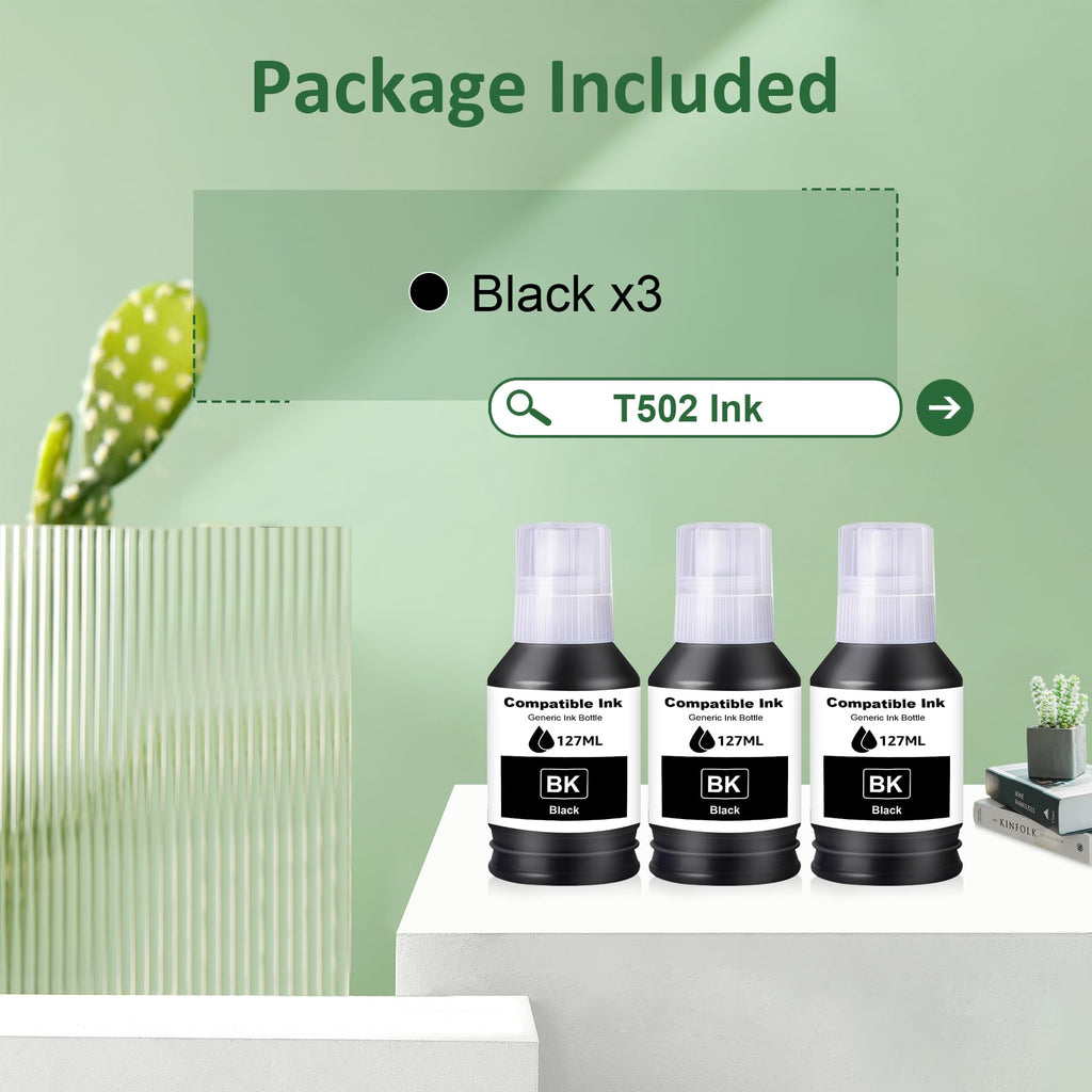 Compatible T502 Ink Refill Bottles Replacement for T502 Ink Bottles Black Compatible for ET-2760 ET-4760 ET-2750 ET-3760 ET-2850 ET-15000 ST-4000 ST-2000 ET-3710 ET-3850 Printers (135ML, 3 Black)