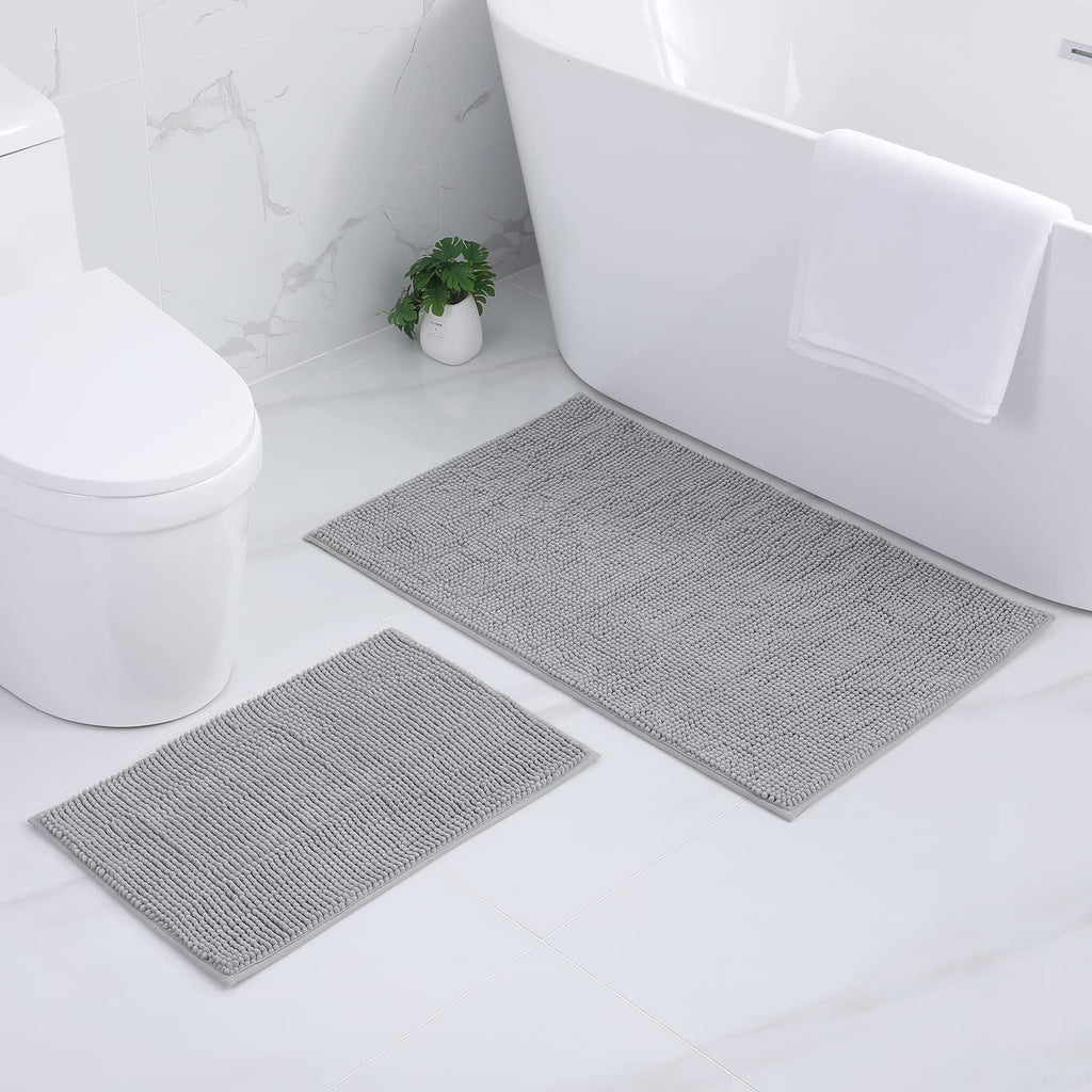 Kitinjoy Non Slip Chenille Bath Mat, Extra Soft Bathroom Mat, Super Absorbent Fluffy Bath Mats for Bathroom, Machine-Washable Quick Dry Bath Rug Foot Mat, 20"x32", Grey