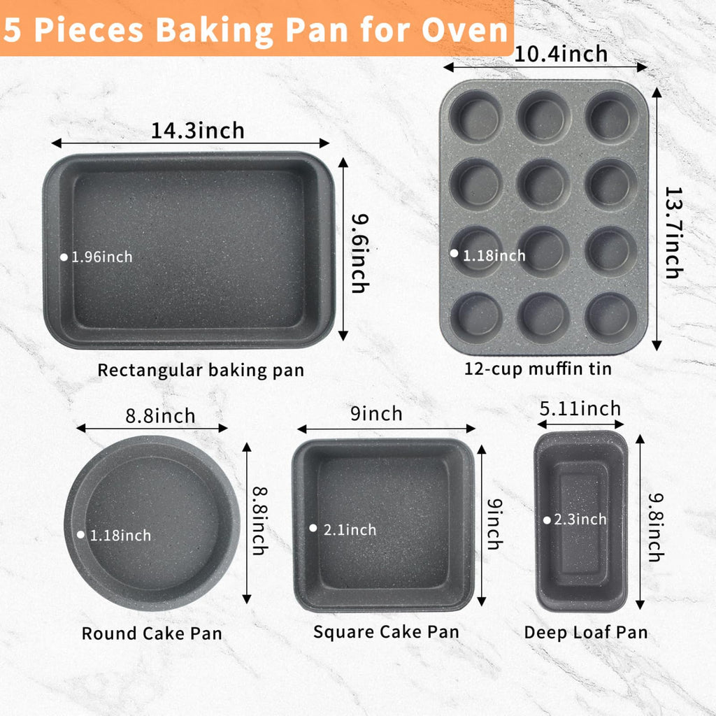 Barlket Baking Pans Set, Baking Set Nonstick with Grey Marble Coating, 5-Piece, Oven Safe, Even Heating, Stackable Bakeware Set with Carbon Steel Round/Square Cake Pan, Muffin, Bread Tin