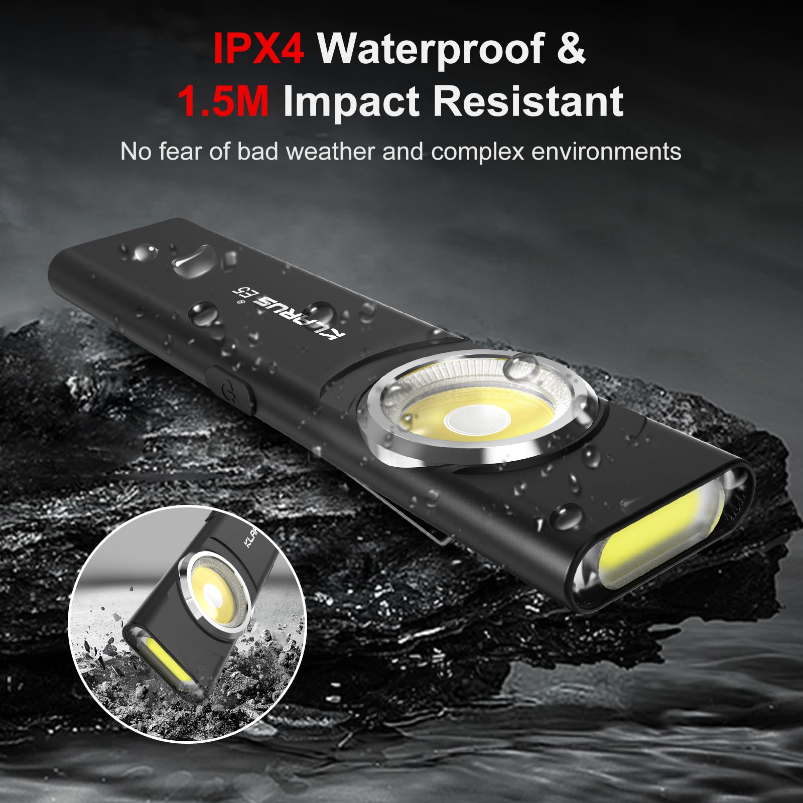KLARUS E5 Pocket Flashlight, Rechargeable EDC Flashlight, Super Slim 4.2x1x0.3inch, 600 Lumens, USB-C Port, IPX4, Dual Light Source with Magnetic Base, Hat & Clothes Clip - Black