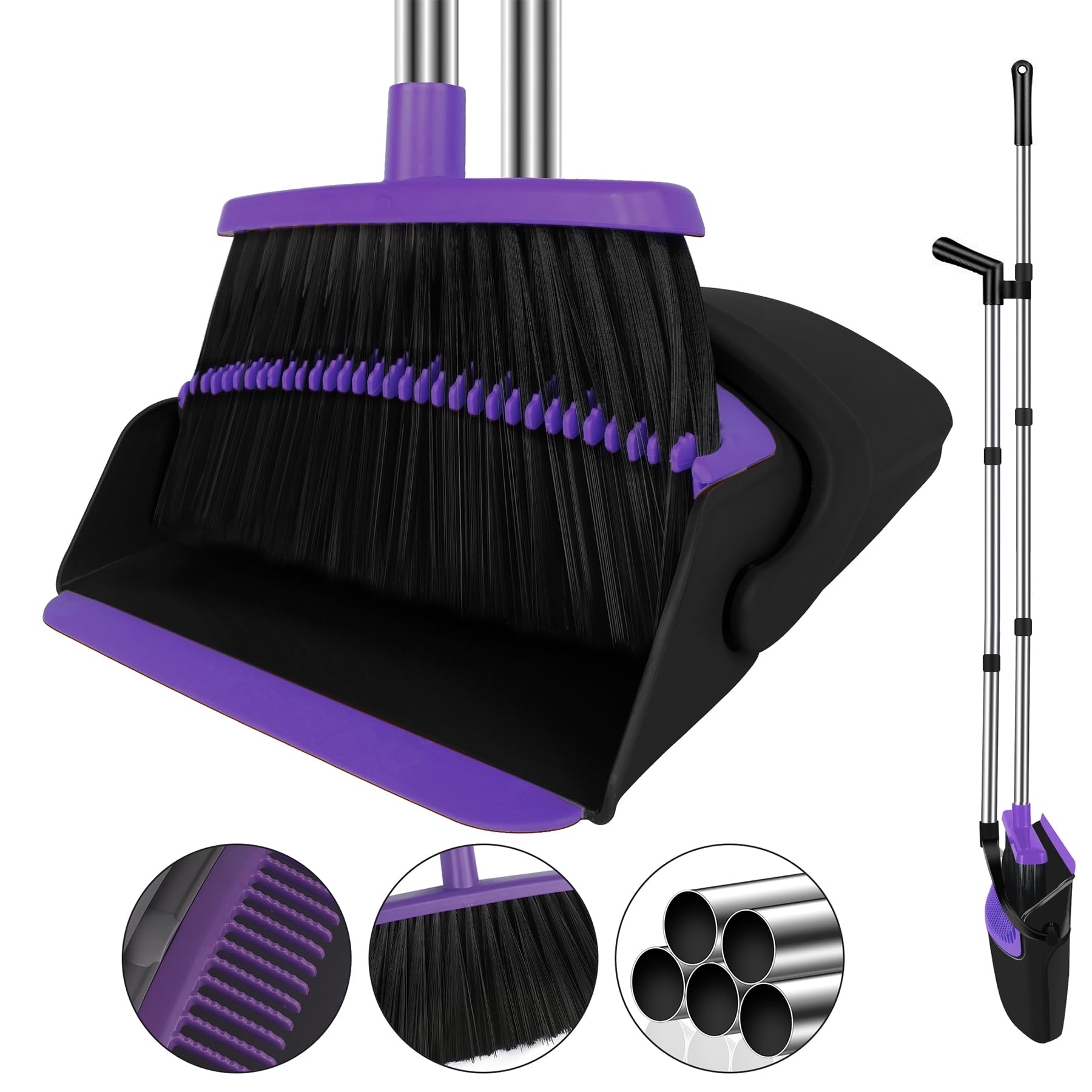 UDUK Broom with Dustpan Combo Set Upright, 51” Long Handle with Comb Teeth,Broom and Dustpan for Dog Cat Pets Home Kitchen Room Lobby Use, Normal, Purple