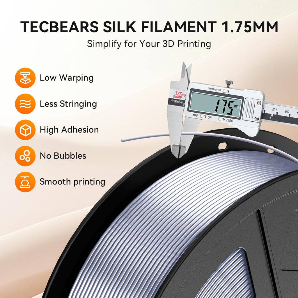 TECBEARS Shiny Silk PLA Filament 1.75mm, Silk Light Gold 1KG, High Gloss Surface 3D Printer Filament, Dimensional Accuracy +/- 0.02mm, 1kg Spool(2.2lbs), Fits for Most FDM 3D Printers