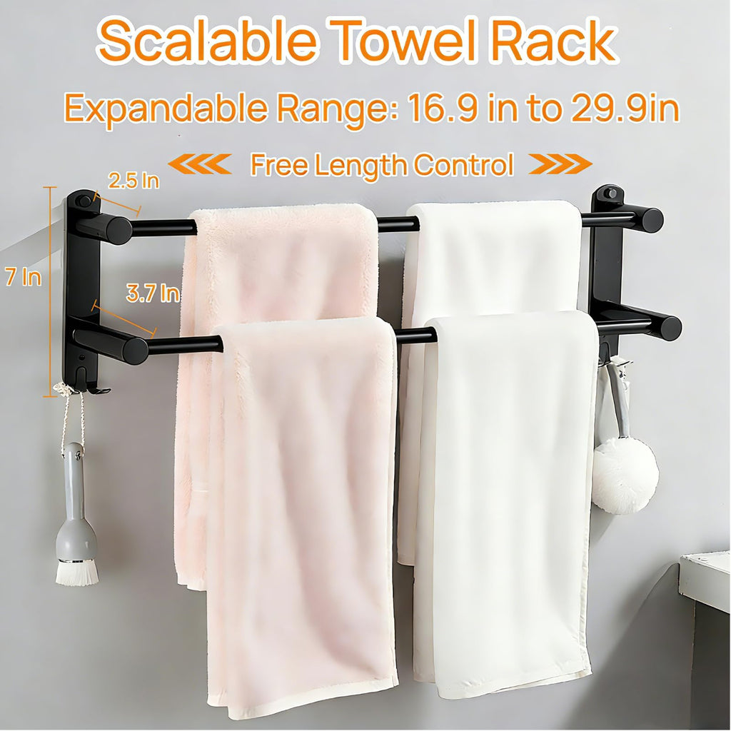 MEKENSO SUS304 Dual Bar Adjustable Towel Bar, Expandable Space Saving Towel Rack, Bathroom Towel Holder with Double Hook 16.9 to 29.9 Inch, No Drill/Screw Installation.（Black）