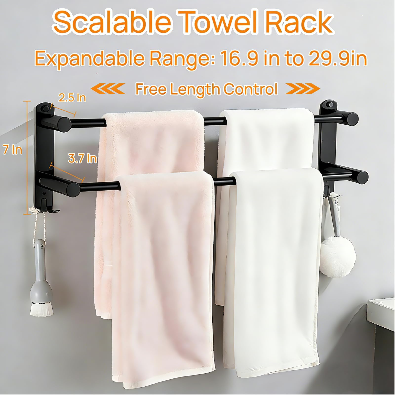 MEKENSO SUS304 Dual Bar Adjustable Towel Bar, Expandable Space Saving Towel Rack, Bathroom Towel Holder with Double Hook 16.9 to 29.9 Inch, No Drill/Screw Installation.（Black）