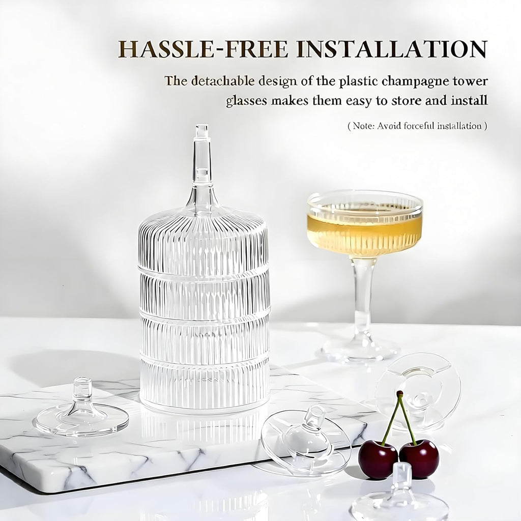 SOBECHOI 4-Tier Champagne Premium Champagne Tower Set - 20 Pcs Clear Plastic Coupe Glasses, Stackable Fluted Toasting Flutes for Parties & Weddings, Elegant Shatterproof Drinkware 7 oz