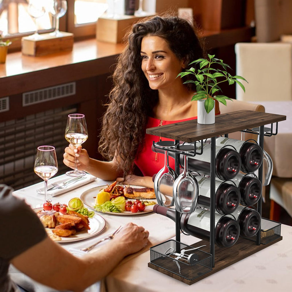 VyGrow Wine Rack, Sturdy Wine Rack, 3 Animals Wooden and Metal Easy to Assemble for 6 Bottles and 4 Glasses for Home, 6.29" D x 16.14" W x 15.82" H