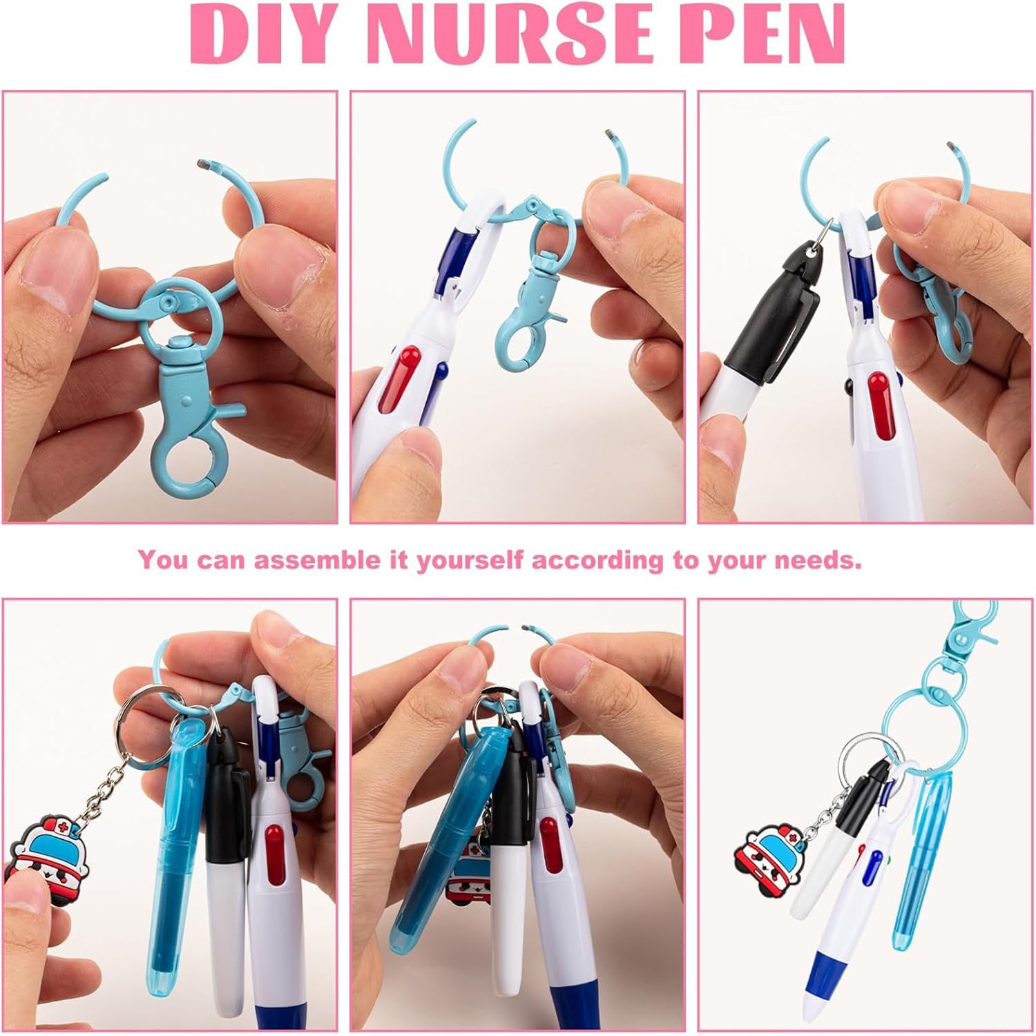 Mini Highlighter Nurse Pens for Badge Reel Pen Include 6 Tip Highlighter 6 Permanent Marker Pen and 6 Retractable Ball Pen with 6 Nursing Keychain Clip Christmas Gift (30pcs)