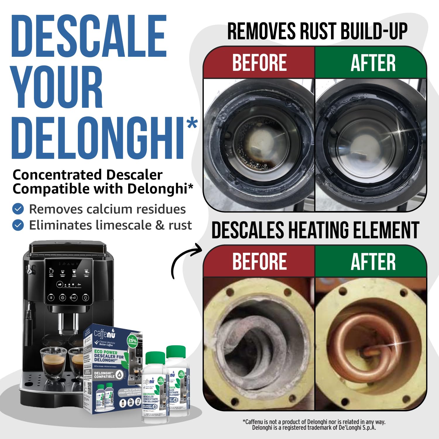 Delonghi Compatible Descaling Solution. 2 Bottles of Descaler Solution. Descaling Kit Removes Limescale For Hotter Coffee. 4 Uses Descaler For Delonghi Coffee Machines.