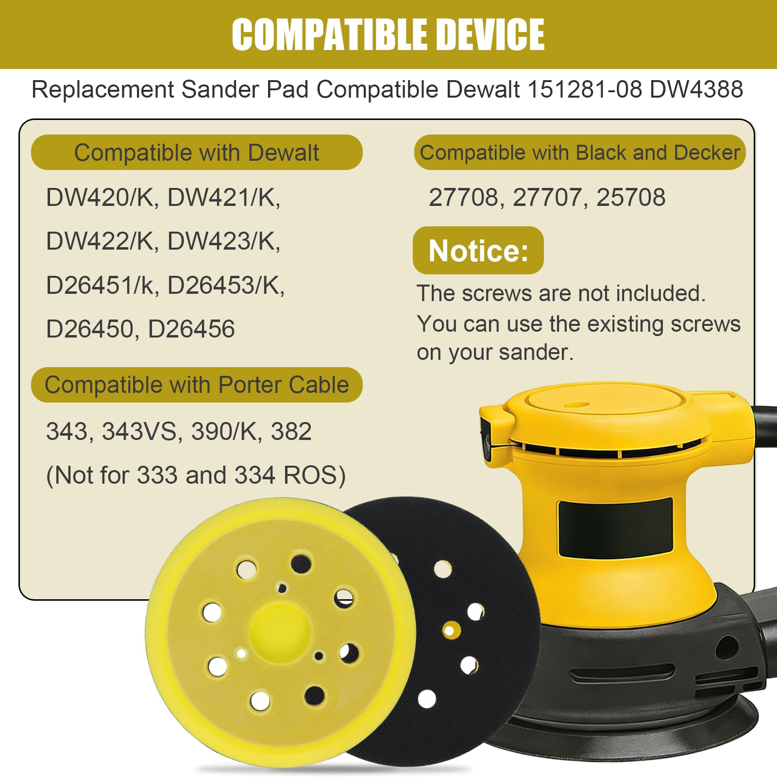 5 Inch Sander Pad Replacement Compatible with Dewalt Orbital Sander DW421 DW422 DW423 D26451 D26453, 8 Hole Hook and Loop Sanding Pad Replaces 151281-08 DW4388(2 Pcs)