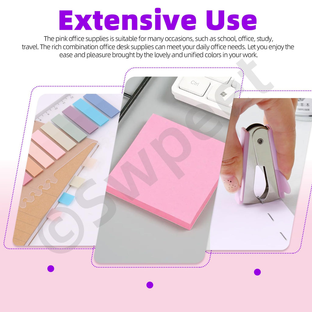 Swpeet 9Pcs Pink Office Supplies Kit, Desk Accessories Including Stapler, Tape Dispenser, Staple Remover, Tabs, Scissors, Staples, Tape, Clips and Sticky Note Ideal for Office and School