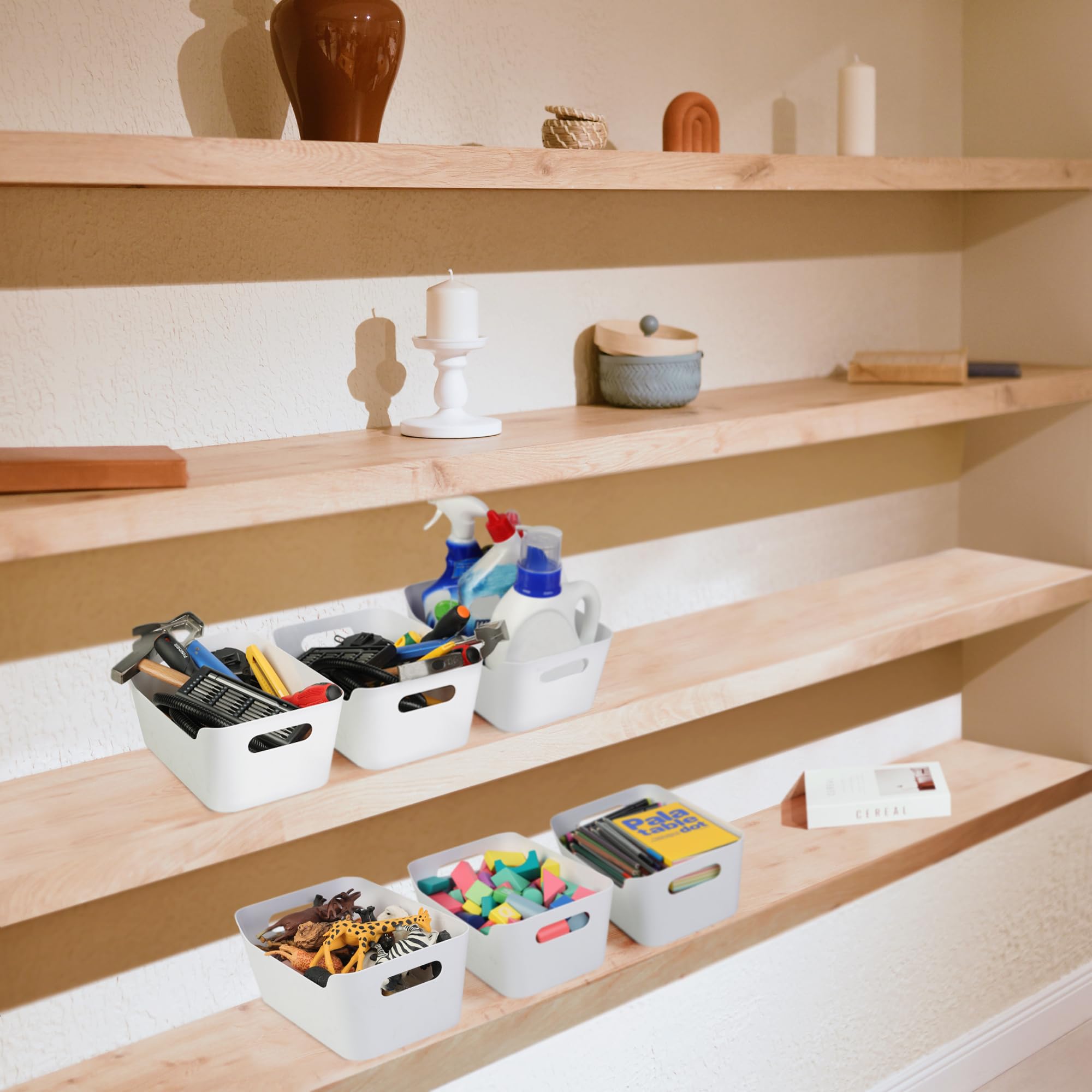 12 Pack Storage Bins, Plastic Storage Containers, Multi-Use White Organizer Bins for Cabinet, Pantry, Drawer, Closet , Countertop or Shelves