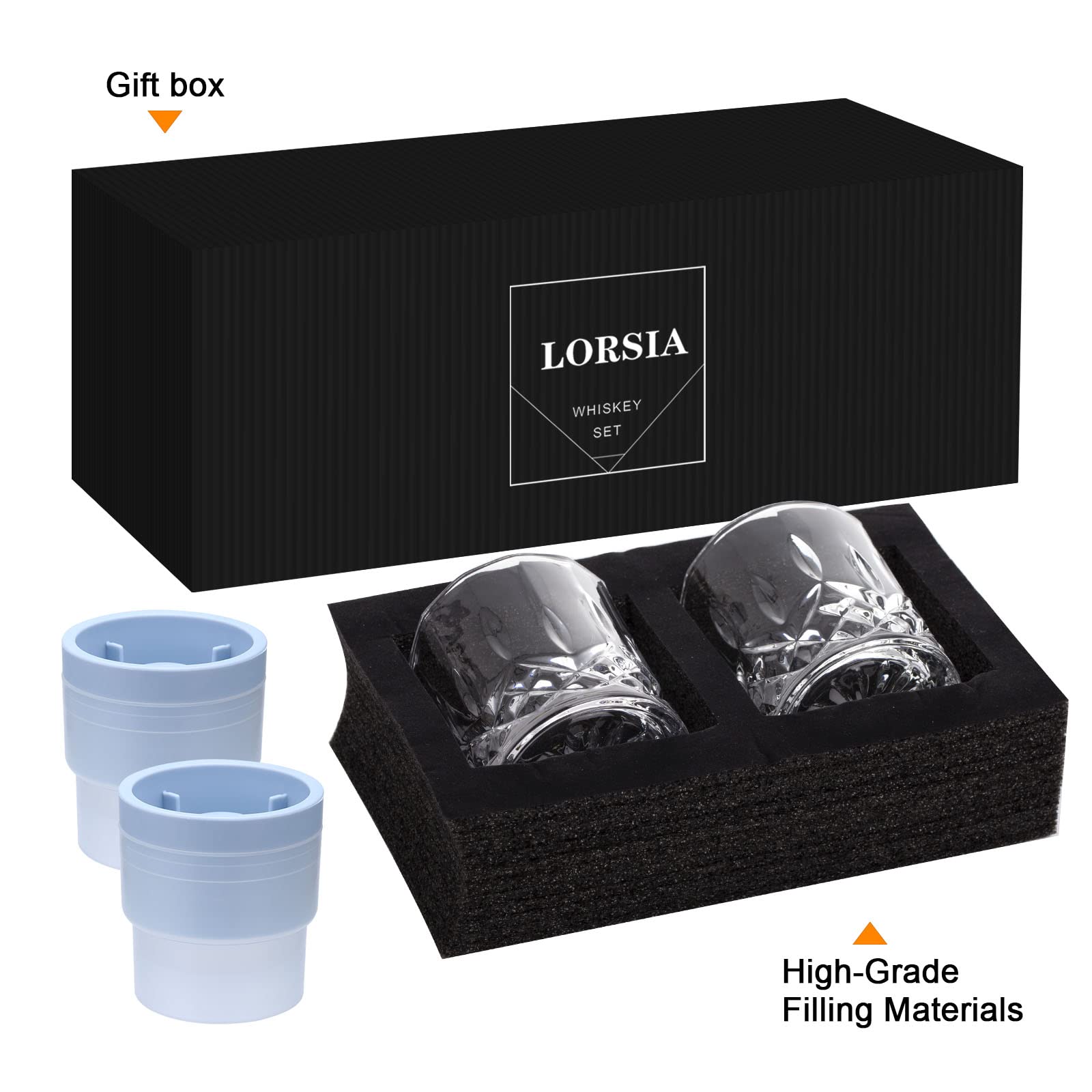 Whiskey Rocks Glass, Set of 4 (2 Crystal Bourbon Glasses, 2 Round Big Ice Ball Molds) in Gift Box - 10 Oz Old Fashioned Glasses for Scotch Cocktail Rum Cognac Vodka Liquor, Unique Gifts for Men