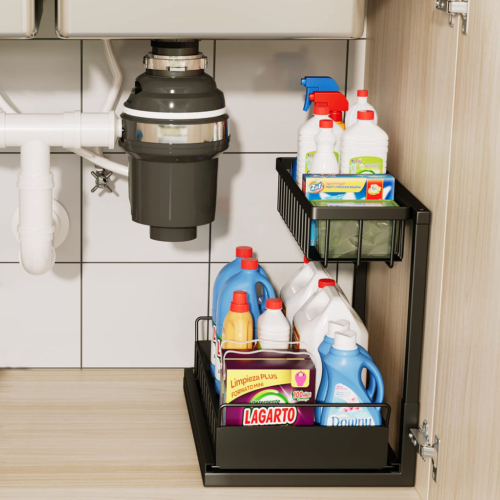 ADRIMER Under Sink Organizer, Pull Out Kitchen Sink Organizer, 2 Tier Slide Out Kitchen Organizers and Storage Metal Under Cabinet Storage Shelf, Black