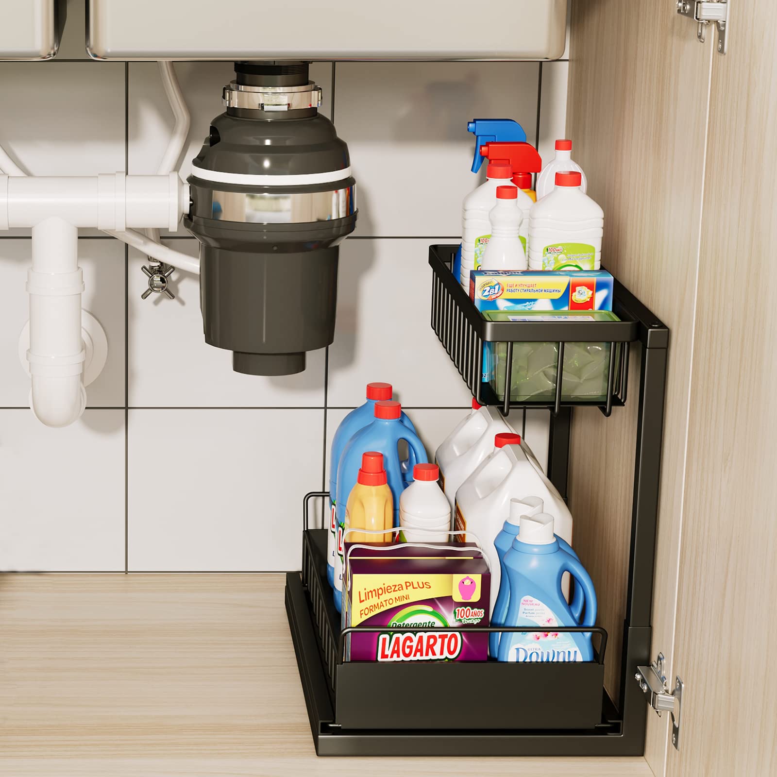 ADRIMER Under Sink Organizer, Pull Out Kitchen Sink Organizer, 2 Tier Slide Out Kitchen Organizers and Storage Metal Under Cabinet Storage Shelf, Black