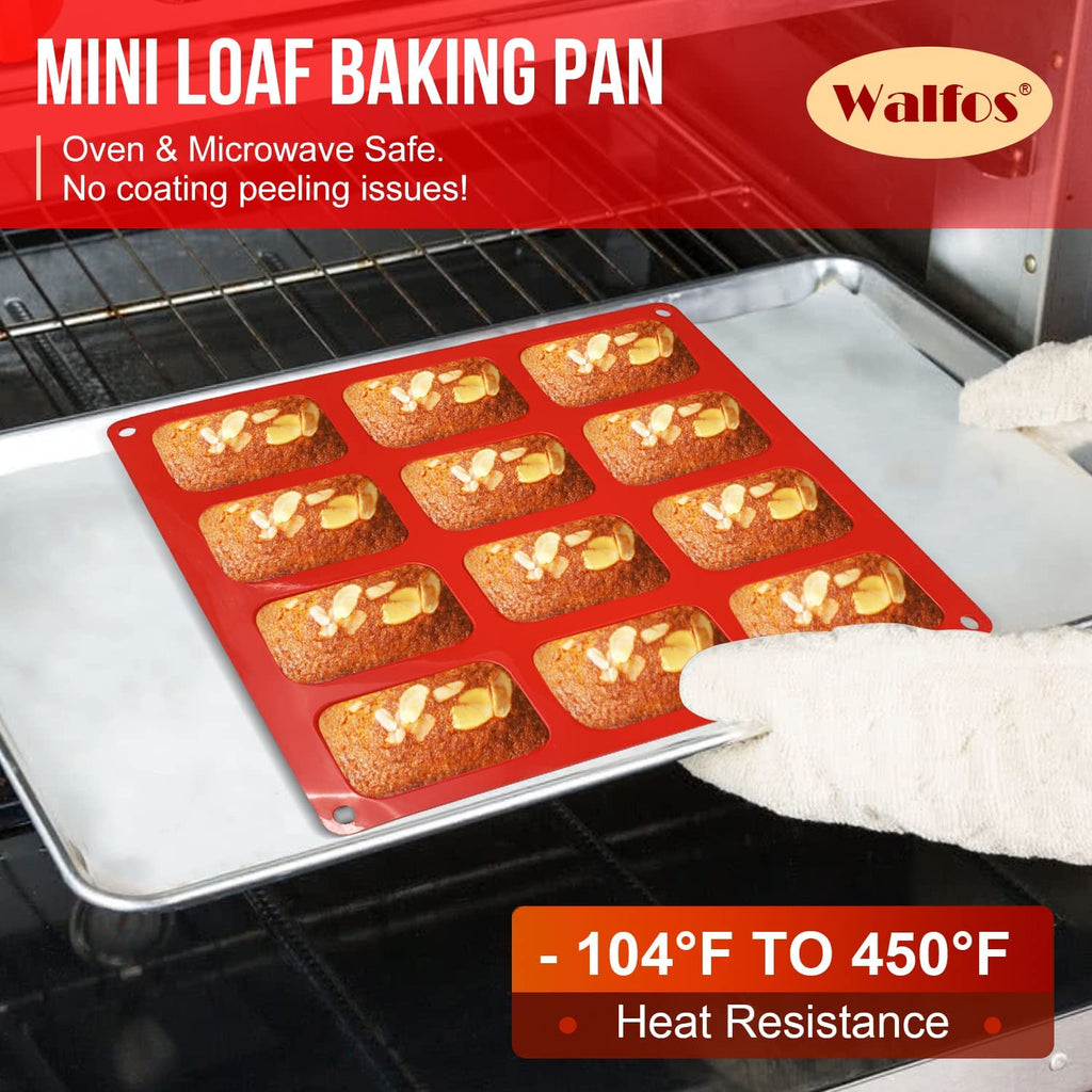 Silicone Mini Loaf pan, Walfos 12 Cavities Mini Bread Pan Brownie Pan, Food Grade & Non-Stick, Ideal for Mini Bread, Brownie, Cornbread, Cheesecake and Chocolate (2 Pieces)