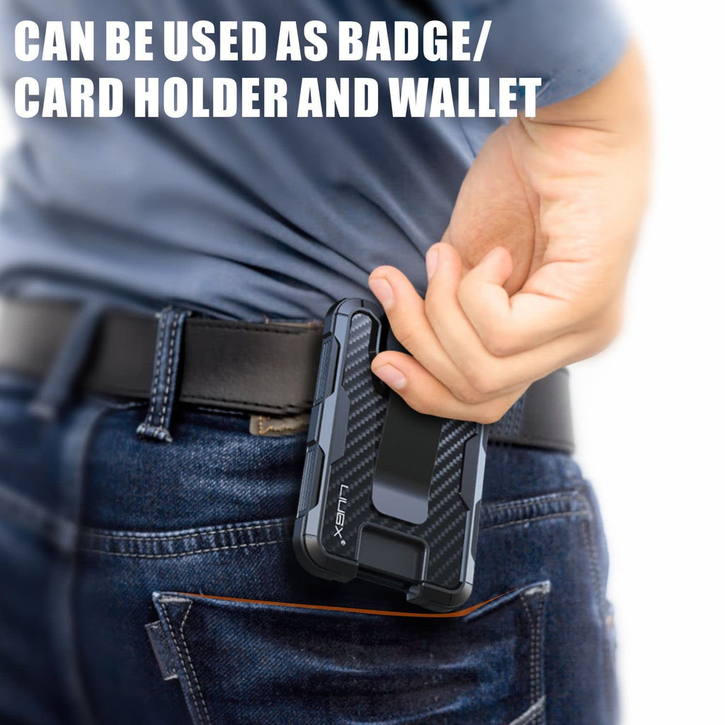 LIUGX Carbon Fiber Badge Holder, ID Card Holder with Metal Clip - Heavy Duty Portable Wallet (Holds 1 to 4 Cards),for Office Police Worker Outdoor,Black