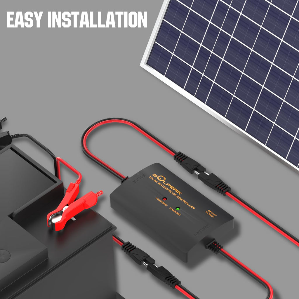 SOLPERK 8A 12V Solar Charge Controller with LED Display, IP67 Waterproof PWM Intelligent Solar Panel Battery Regulator for Gel AGM Lead-Acid Lithium LiFePO4 Battery, Used in RV Boat Car