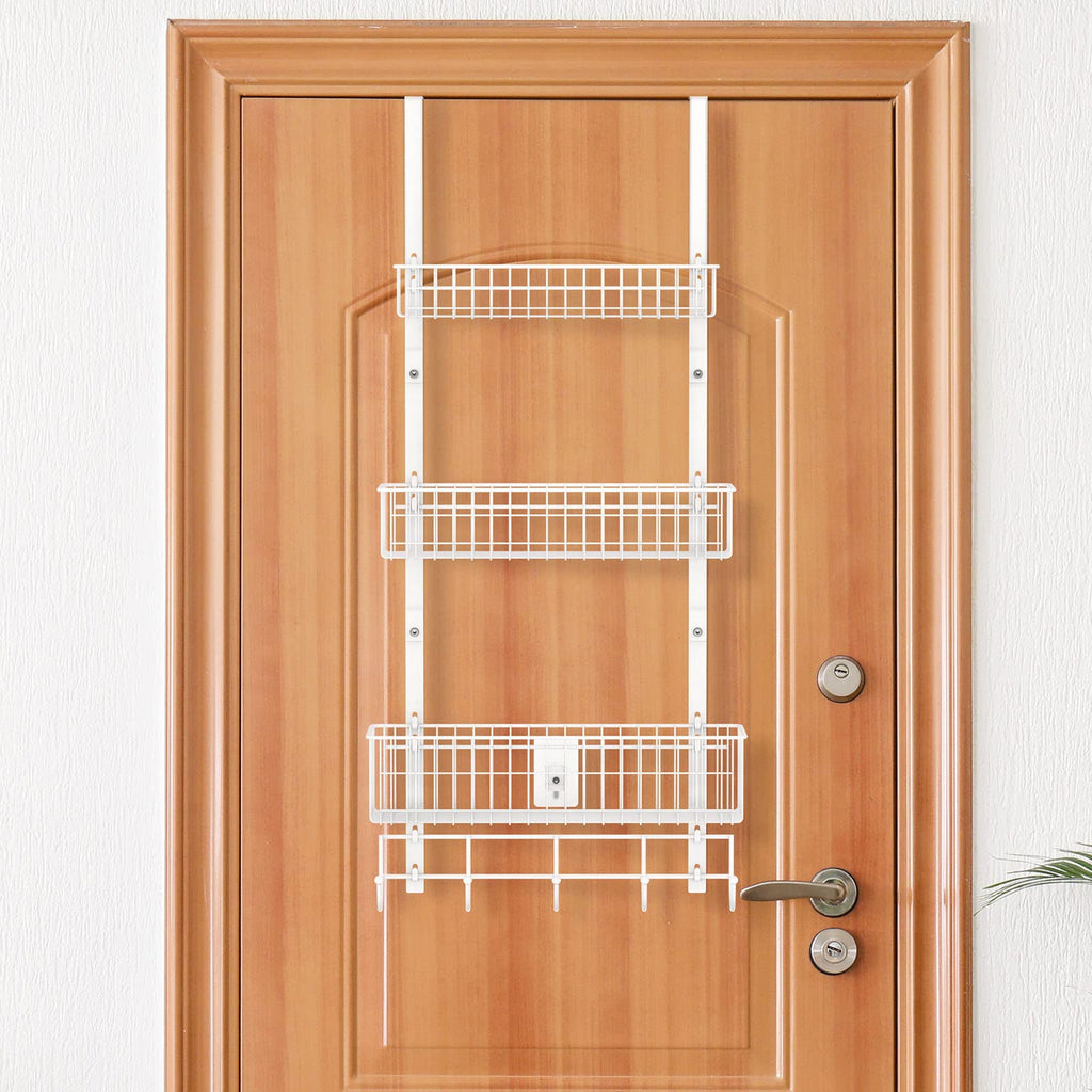 OYEAL Over The Door Basket Organizer 3 Tier Hanging Kitchen Storage Rack Heavy Duty Pantry Organizer with 3 Basket and 5 Hooks Door Back Metal Wire Basket for Kitchen, Bathroom, Office, White