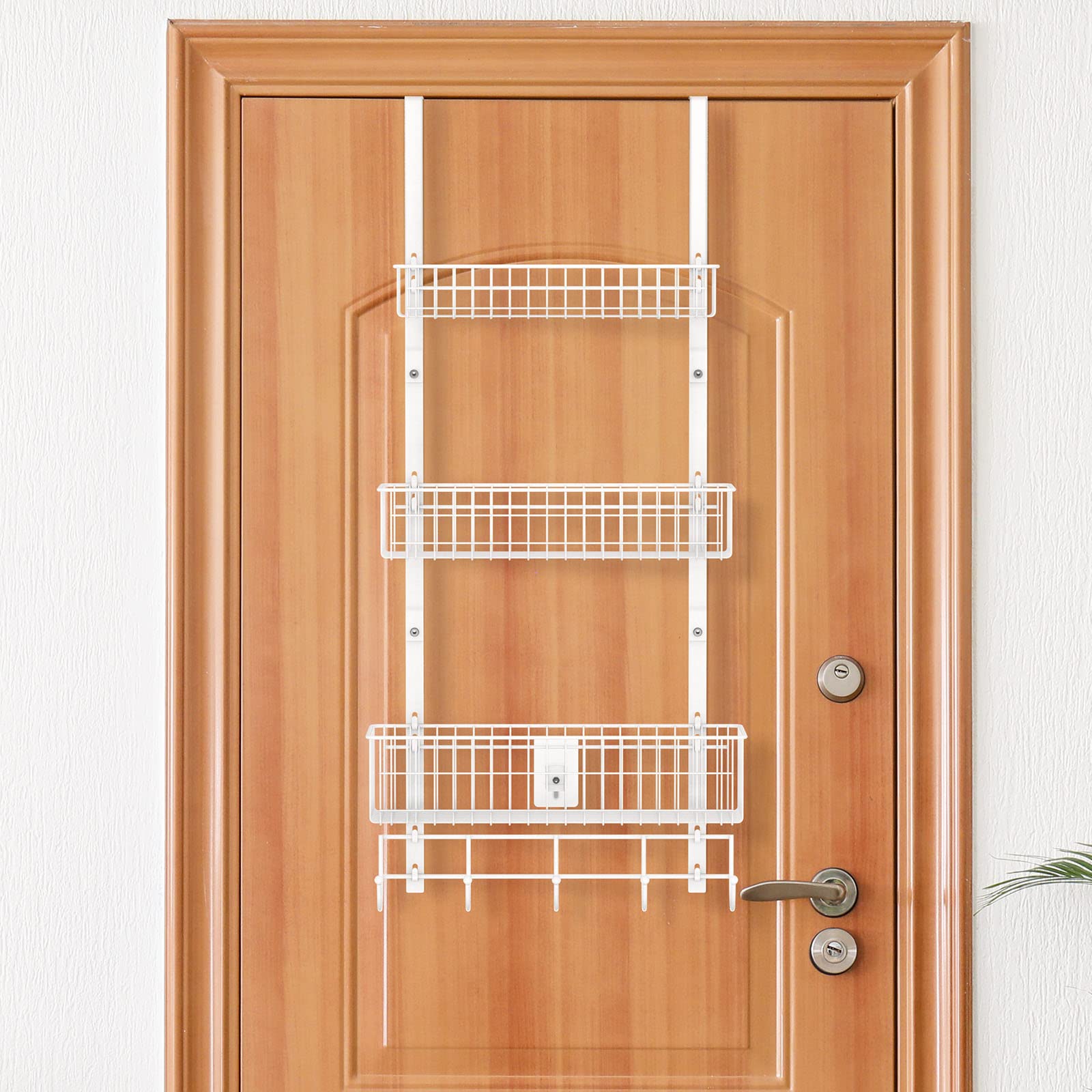 OYEAL Over The Door Basket Organizer 3 Tier Hanging Kitchen Storage Rack Heavy Duty Pantry Organizer with 3 Basket and 5 Hooks Door Back Metal Wire Basket for Kitchen, Bathroom, Office, White
