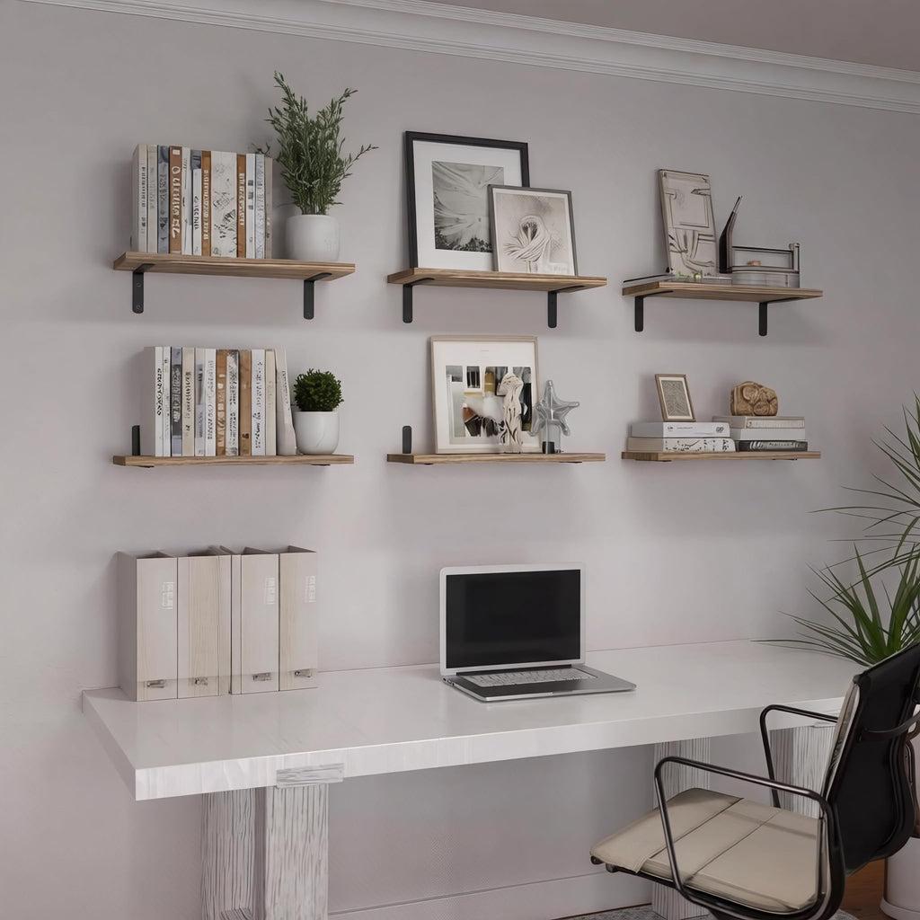 Wood Floating Shelves Set of 6, Shelves for Wall Decor, Farmhouse Shelf for Bedroom, Bathroom Storage Shelves, Book Shelves for Living Room - Rustic Brown
