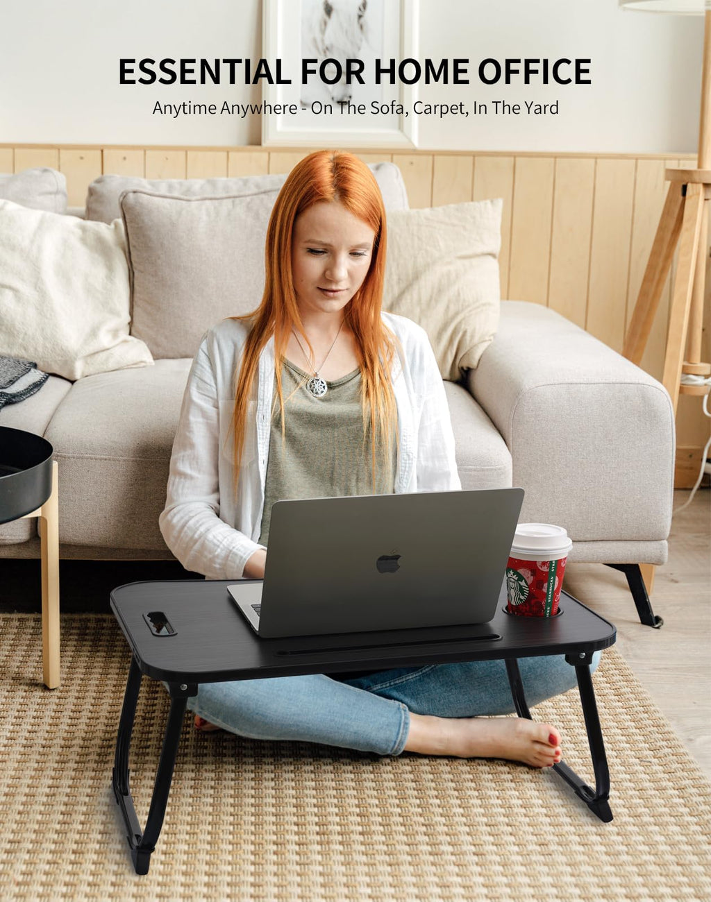 ZEAPTAC Laptop Bed Desk, Foldable Lap Desk, Portable Lap Table, Laptop Stand with Cup Holder & Tablet Slot & Lifting Handle for Working Writing Drawing & Eating - Dark Black