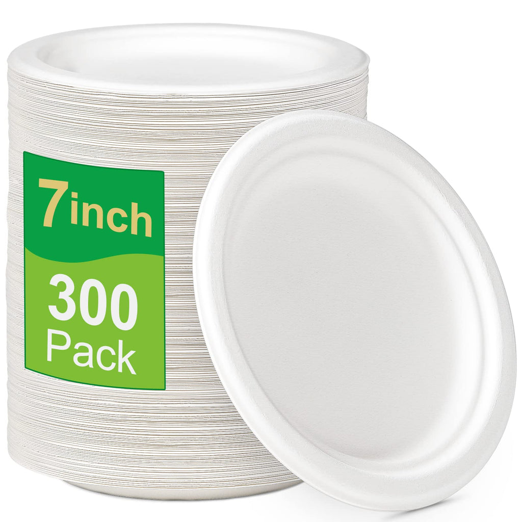 GREENESAGE 100% Compostable Plates 7 inch, 300 Pack Paper Plates Bulk, Small Paper Plates Eco Friendly Disposable Plates, White Paper Plates for Dessert, Cake, and Snack