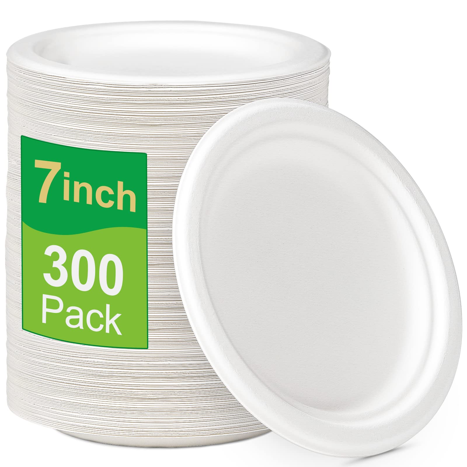 GREENESAGE 100% Compostable Plates 7 inch, 300 Pack Paper Plates Bulk, Small Paper Plates Eco Friendly Disposable Plates, White Paper Plates for Dessert, Cake, and Snack