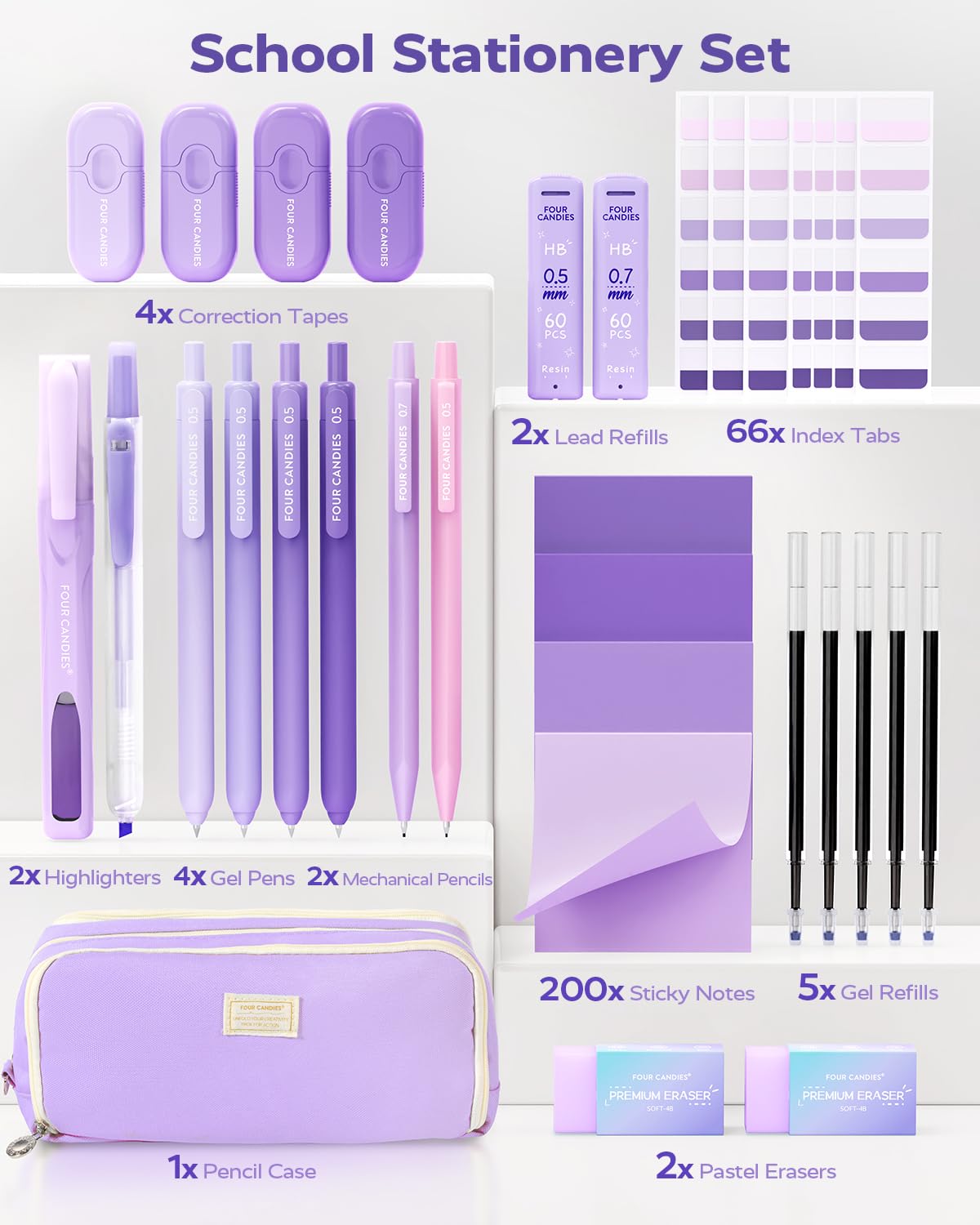 Four Candies Aesthetic School Supplies, 4 Gel Pens with Black Ink, 4 Correction Tape, 2 Pastel Highlighters, 2 Mechanical Pencils, Sticky Notes, Index Post for Back to School Supplies with Case Purple