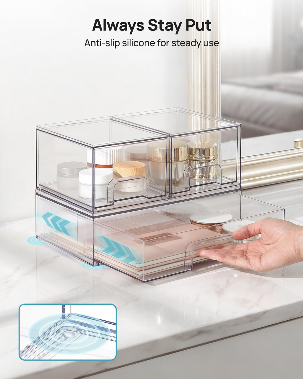 Vtopmart 3 Pack Stackable Clear Plastic Drawer Organizer, Makeup Organizers and Storage for Eyeshadow Palettes, Cosmetics, Beauty Supplies, Ideal for Vanity, Desk, Office, Bathroom Organization